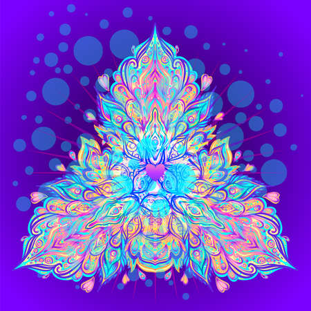 Vector ornamental Lotus floral design, ethnic art, patterned Indian paisley. Hand drawn illustration. Invitation element. Tattoo, astrology, alchemy, boho and magic symbol. Gradient over white.のイラスト素材