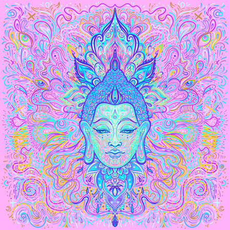 Ornate mandala patterned face of Lord Buddha. Esoteric vintage vector illustration. Indian, Buddhism, spiritual art. Hippie tattoo, spirituality, Thai god, yoga mat design.のイラスト素材