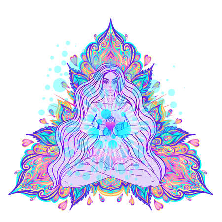 Beautiful Girl sitting in lotus position over ornate colorful neon background. Vector illustration. Psychedelic mushroom composition. Buddhism esoteric motifs. Tattoo, spiritual yoga.のイラスト素材