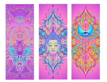 Yoga card, flyer, poster, mat design. Colorful template for spiritual retreat or yoga studio. Ornamental business cards, oriental pattern. Vector illustrationのイラスト素材