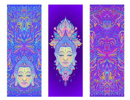 Yoga card, flyer, poster, mat design. Colorful template for spiritual retreat or yoga studio. Ornamental business cards, oriental pattern. Vector illustrationのイラスト素材
