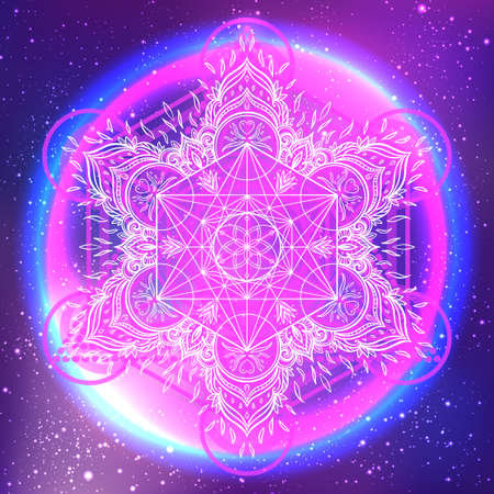 Decorative mandala round pattern with sacred geometry element Metatron Cube, powerful symbol, Flower of Life. Alchemy, philosophy, spirituality. Design music cover, t-shirt, poster, flyer. Astrology.の写真素材