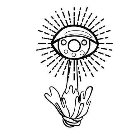 Magic mushrooms. Psychedelic hallucination. Outline vector illustration isolated on white. 60s hippie art. Coloring book for kids and adults.のイラスト素材
