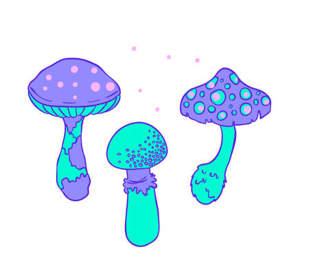 Magic mushrooms. Psychedelic hallucination. Vibrant vector illustration. 60s hippie colorful art in pink pastel goth colors isolated on white. Sticker, patch, poster graphic design.のイラスト素材