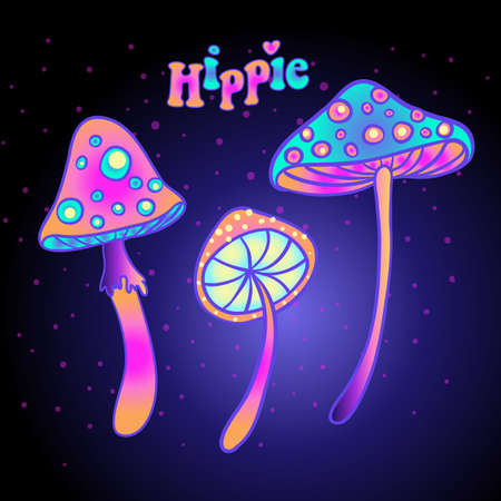 Magic mushrooms. Psychedelic hallucination. Vibrant vector illustration. 60s hippie colorful art in pink pastel goth colors isolated. Sticker, patch, poster graphic design.のイラスト素材