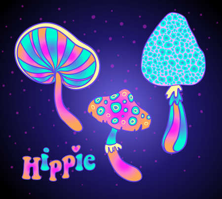 Magic mushrooms. Psychedelic hallucination. Vibrant vector illustration. 60s hippie colorful art in pink pastel goth colors isolated. Sticker, patch, poster graphic design.のイラスト素材