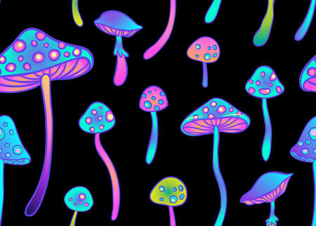 Magic mushrooms seamless pattern. Psychedelic hallucination. 60s hippie colorful art. Vintage...
