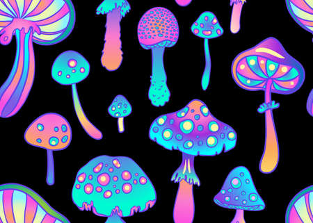 Magic mushrooms seamless pattern. Psychedelic hallucination. 60s hippie colorful art. Vintage psychedelic textile, fabric, wrapping, wallpaper. Vector repeating illustration.のイラスト素材