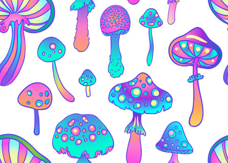 Magic mushrooms seamless pattern. Psychedelic hallucination. 60s hippie colorful art. Vintage psychedelic textile, fabric, wrapping, wallpaper. Vector repeating illustration.のイラスト素材