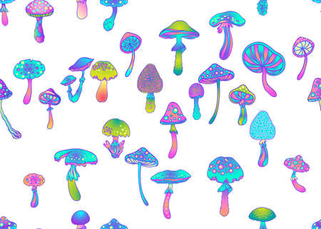 Magic mushrooms seamless pattern. Psychedelic hallucination. 60s hippie colorful art. Vintage psychedelic textile, fabric, wrapping, wallpaper. Vector repeating illustration.のイラスト素材