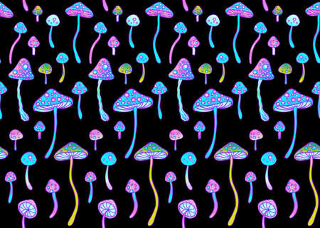 Magic mushrooms seamless pattern. Psychedelic hallucination. 60s hippie colorful art. Vintage psychedelic textile, fabric, wrapping, wallpaper. Vector repeating illustration.のイラスト素材