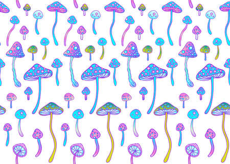 Magic mushrooms seamless pattern. Psychedelic hallucination. 60s hippie colorful art. Vintage psychedelic textile, fabric, wrapping, wallpaper. Vector repeating illustration.のイラスト素材