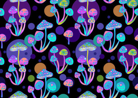Magic mushrooms seamless pattern. Psychedelic hallucination. 60s hippie colorful art. Vintage psychedelic textile, fabric, wrapping, wallpaper. Vector repeating illustration.のイラスト素材