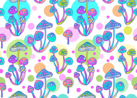 Magic mushrooms seamless pattern. Psychedelic hallucination. 60s hippie colorful art. Vintage psychedelic textile, fabric, wrapping, wallpaper. Vector repeating illustration.のイラスト素材
