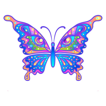 Hand drawn butterfly in bright neon colors. Han drawing design for t-shirt print or tattoo. Isolated on white vector illustration. Sticker, patch, poster graphic design.のイラスト素材