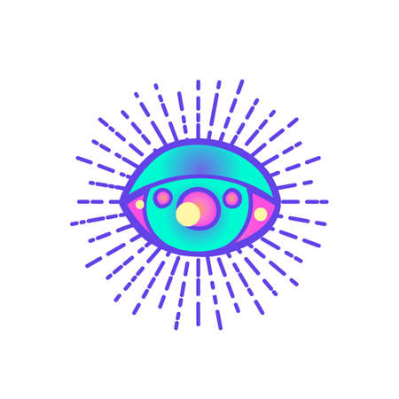 Hippie eye. Psychedelic hallucination. Vibrant vector illustration. Magic fairy face, nebula make up with stars. Hand-drawn Eye of Providence. Alchemy, religion, spirituality, occultism, tattoo art.のイラスト素材