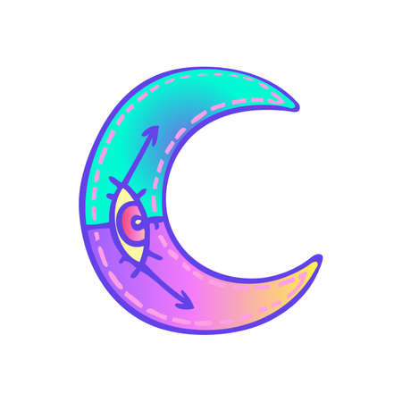 Mystic Crescent Moon with one eye. Hand-drawn vector illustration isolated on white. Trendy magic print, alchemy, religion, spirituality, occultism. Rainbow colors. Sticker, patch, poster graphic.のイラスト素材