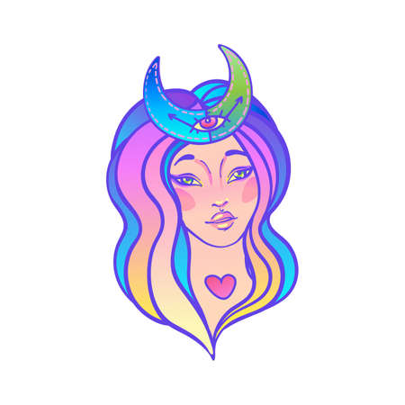 Illustration of Taurus astrological sign as a beautiful girl. Zodiac vector illustration isolated on white. Future telling, horoscope, alchemy, spirituality, occultism, fashion woman.のイラスト素材