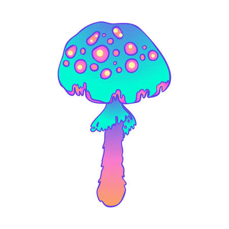 Magic mushrooms. Psychedelic hallucination. Vibrant vector illustration isolated on white. 60s hippie colorful art in vivid acid colors. Sticker, patch, poster graphic design.のイラスト素材