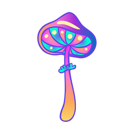 Magic mushrooms. Psychedelic hallucination. Vibrant vector illustration isolated on white. 60s hippie colorful art in vivid acid colors. Sticker, patch, poster graphic design.のイラスト素材