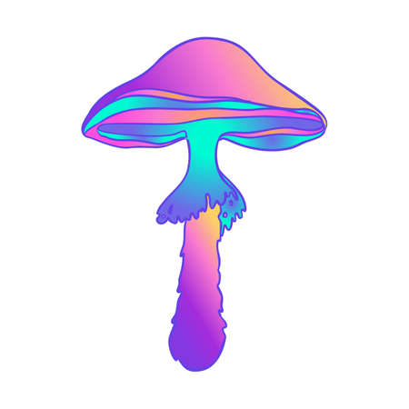 Magic mushrooms. Psychedelic hallucination. Vibrant vector illustration isolated on white. 60s hippie colorful art in vivid acid colors. Sticker, patch, poster graphic design.のイラスト素材