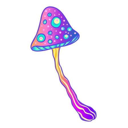 Magic mushrooms. Psychedelic hallucination. Vibrant vector illustration isolated on white. 60s hippie colorful art in vivid acid colors. Sticker, patch, poster graphic design.のイラスト素材