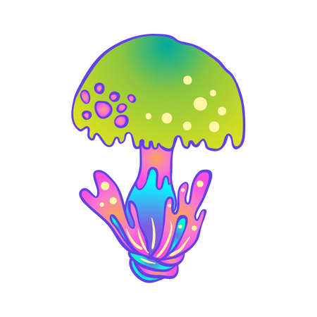 Magic mushrooms. Psychedelic hallucination. Vibrant vector illustration isolated on white. 60s hippie colorful art in vivid acid colors. Sticker, patch, poster graphic design.のイラスト素材