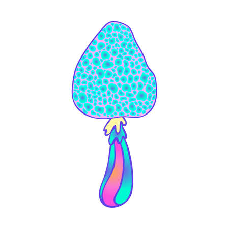 Magic mushrooms. Psychedelic hallucination. Vibrant vector illustration isolated on white. 60s hippie colorful art in vivid acid colors. Sticker, patch, poster graphic design.のイラスト素材
