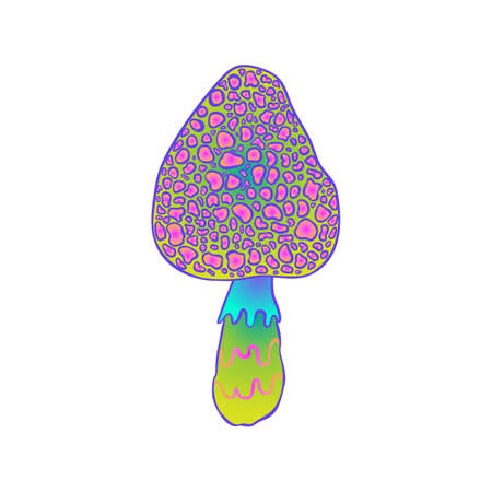 Magic mushrooms. Psychedelic hallucination. Vibrant vector illustration isolated on white. 60s hippie colorful art in vivid acid colors. Sticker, patch, poster graphic design.のイラスト素材
