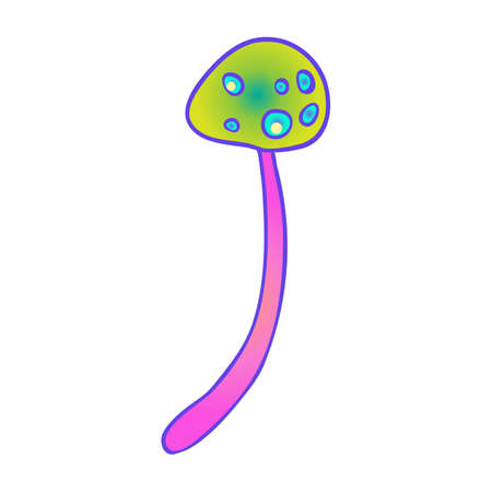 Magic mushrooms. Psychedelic hallucination. Vibrant vector illustration isolated on white. 60s hippie colorful art in vivid acid colors. Sticker, patch, poster graphic design.のイラスト素材