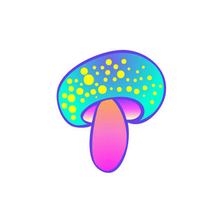 Magic mushrooms. Psychedelic hallucination. Vibrant vector illustration isolated on white. 60s hippie colorful art in vivid acid colors. Sticker, patch, poster graphic design.のイラスト素材