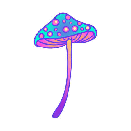 Magic mushrooms. Psychedelic hallucination. Vibrant vector illustration isolated on white. 60s hippie colorful art in vivid acid colors. Sticker, patch, poster graphic design.のイラスト素材