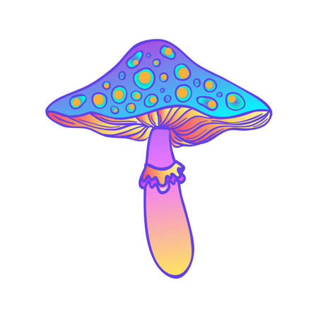 Magic mushrooms. Psychedelic hallucination. Vibrant vector illustration isolated on white. 60s hippie colorful art in vivid acid colors. Sticker, patch, poster graphic design.のイラスト素材