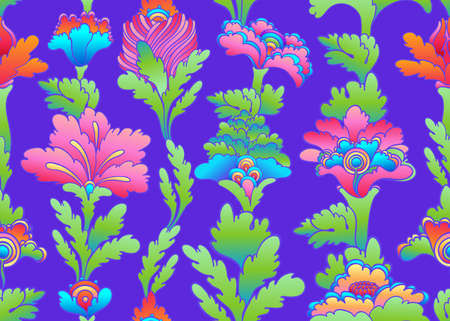 Floral colorful seamless pattern, retro 60s, 70s hippie style background. Vintage psychedelic textile, fabric, wrapping, wallpaper. Vector repeating illustration.のイラスト素材