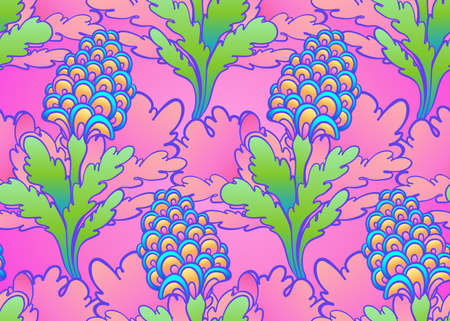 Floral colorful seamless pattern, retro 60s, 70s hippie style background. Vintage psychedelic textile, fabric, wrapping, wallpaper. Vector repeating illustration.のイラスト素材