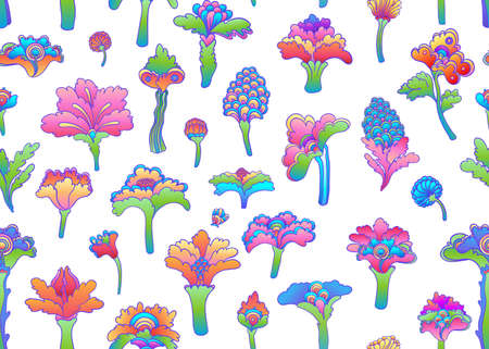 Floral colorful seamless pattern, retro 60s, 70s hippie style background. Vintage psychedelic textile, fabric, wrapping, wallpaper. Vector repeating illustration.のイラスト素材