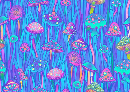 Magic mushrooms seamless pattern. Psychedelic hallucination. 60s hippie colorful art. Vintage psychedelic textile, fabric, wrapping, wallpaper. Vector repeating illustration.のイラスト素材