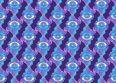 Lotus flower Sacred geometry symbol with all seeing eye over in acid colors. Mystic, alchemy, occult concept. Design for indie music cover, t-shirt print, psychedelic poster, flyer..のイラスト素材