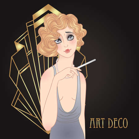 Art Deco vintage illustration of flapper girl. Retro party character in 1920s style. Vector design...
