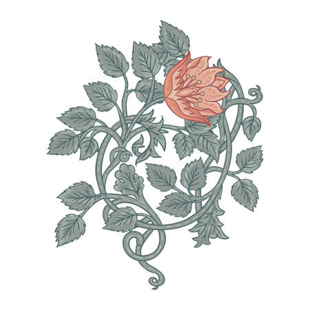 Floral vintage element. Enchanted Vintage Flowers. Arts and Crafts movement inspired. Vector design element. Isolated on white.のイラスト素材