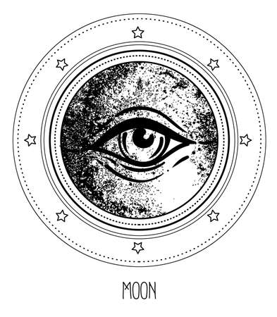 Eye of Providence. Masonic symbol. All seeing eye inside triple moon pagan Wicca moon goddess symbol. Vector illustration. Tattoo, astrology, alchemy, boho and magic symbol. Coloring book.のイラスト素材