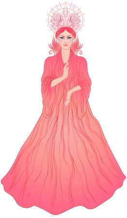 Lady of Sorrow. Devotion to the Immaculate Heart of Blessed Virgin Mary, Queen of Heaven. Vector illustration over halo or ornate mandala isolated. Hand-drawn, religion, spirituality, occultism.のイラスト素材