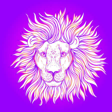 Patterned ornate lion head. African, Indian, totem, tattoo, sticker design. Design of t-shirt, bag, postcard and posters. Vector isolated illustration in bright neon colors. Zodiac sign Leo.のイラスト素材