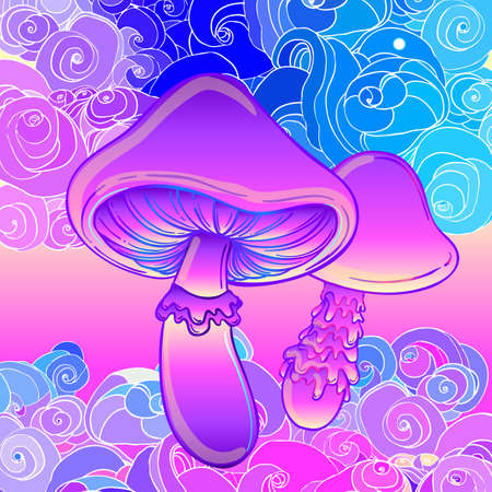 Magic mushrooms. Psychedelic hallucination. Vibrant vector illustration. 60s hippie colorful art. Decoration in ethnic boho style tattoo. Alchemy or astrology, esoteric or festive design.のイラスト素材