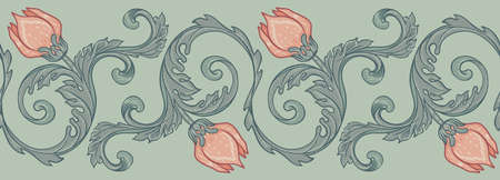 Floral vintage seamless border pattern for retro wallpapers. Enchanted Vintage Flowers. Arts and Crafts movement inspired. Design for wrapping paper, wallpaper, fabrics and fashion clothes.のイラスト素材
