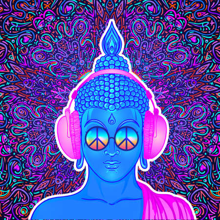 Sitting Buddha over colorful neon background. Vector illustration. Psychedelic mushroom composition. Indian, Buddhism, Spiritual Tattoo, yoga, spirituality. Sticker, patch, 60s hippie colorful art.のイラスト素材
