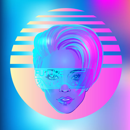 Futuristic synth wave style. Retroparty flyer template. Portrait of a young pretty androgynous woman with short shaved pixie undercut in retro futurism style. Vector illustration in neon bright colorの写真素材