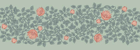 Floral vintage seamless border pattern for retro wallpapers. Enchanted Vintage Flowers. Arts and Crafts movement inspired. Design for wrapping paper, wallpaper, fabrics and fashion clothes.のイラスト素材