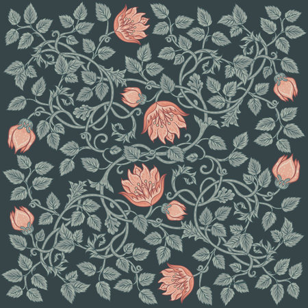 Floral vintage squared pattern for retro wallpapers. Enchanted Vintage Flowers. Arts and Crafts movement inspired. Design for wrapping paper, wallpaper, fabrics and fashion clothes.のイラスト素材