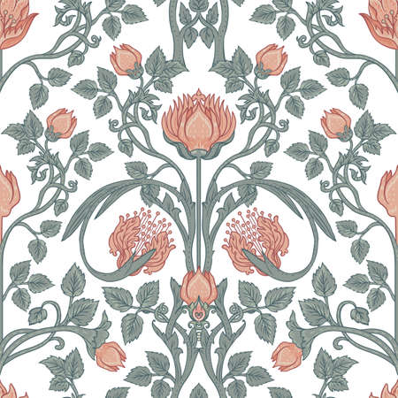 Floral vintage seamless pattern for retro wallpapers. Enchanted Vintage Flowers. Arts and Crafts movement inspired. Design for wrapping paper, wallpaper, fabrics and fashion clothes.のイラスト素材